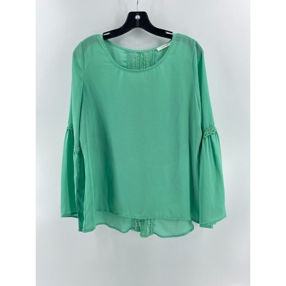 Entro  Women's Long Sleeve Mint Green Boho Crochet Back Shirt Top Blouse Medium - Picture 2 of 10